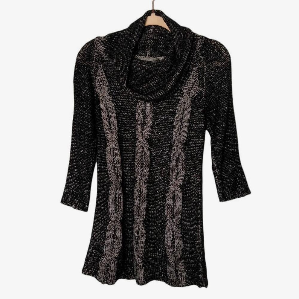 NY COLLECTION Womens Sz S Black Gray Cowl Neck Cable Knit Pullover Sweater Tunic